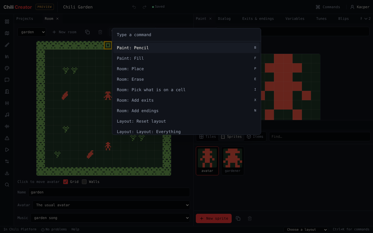The command palette open over the workspace, listing Paint, Room and Layout commands with their keys