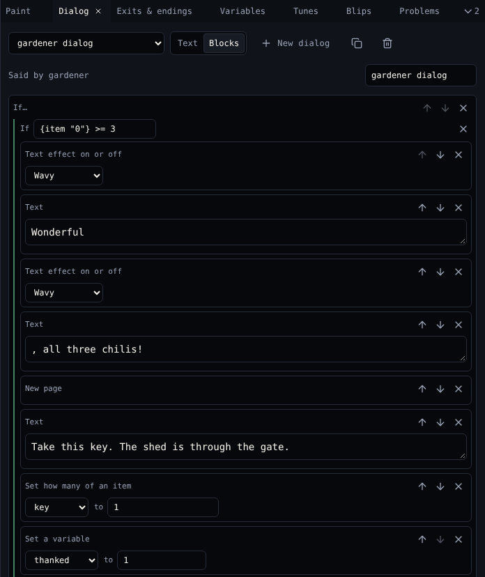 Dialog in Blocks view: an If block checks the chili count, with text, a wavy effect, a new page, Set how many of an item and Set a variable inside