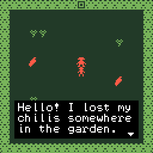 Chili Garden playing: the avatar talks to the gardener, who says "Hello! I lost my chilis somewhere in the garden."