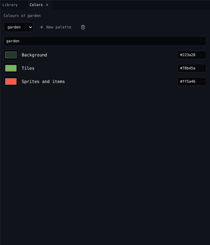 Colors: Colours of garden, the palette menu, New palette and Delete, the name, and the three colours with swatches and hex codes