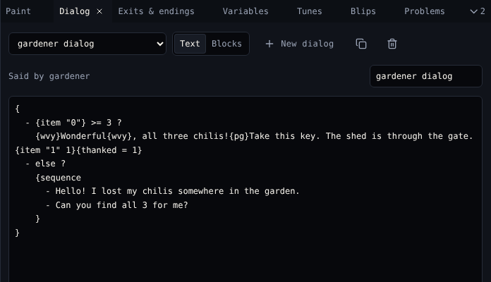 Dialog in Text view showing the gardener's script