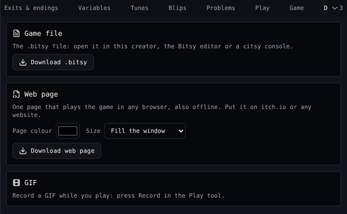 Download: Game file with Download .bitsy, Web page with Page colour, Size and Download web page, and GIF
