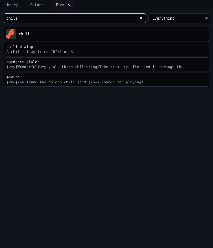 Find: the search chili, Everything, and the results