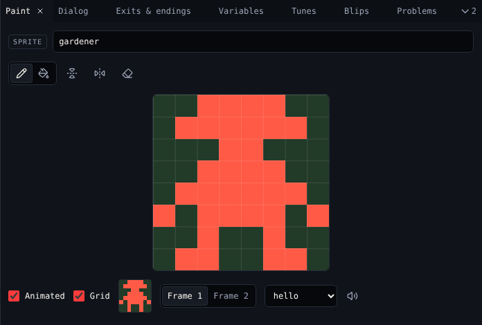 Paint: the gardener sprite, the Pencil and Fill tools, flip and clear buttons, Animated, Grid, the preview, Frame 1 and Frame 2, and the hello sound