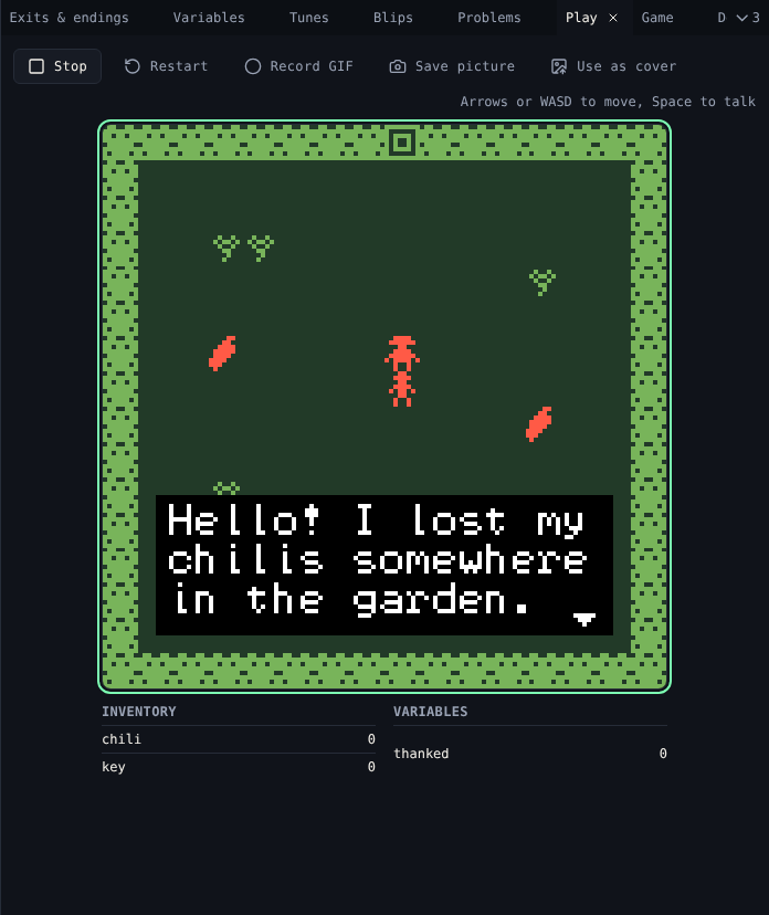 Play: Stop, Restart, Record GIF, Save picture and Use as cover, the game screen, and the Inventory and Variables tables