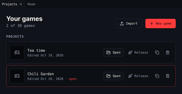 Projects: Your games, 2 of 30 games, Import and New game, and a row per project with Open, Release, Duplicate and Delete