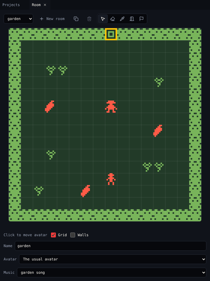 Room: the room menu, New room, Copy and Delete, the five room tools, the garden, Grid and Walls, Name, Avatar and Music