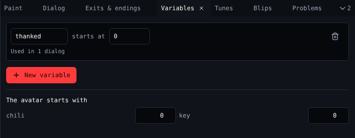 Variables: thanked starts at 0, used in 1 dialog, and the avatar starts with no chilis and no key