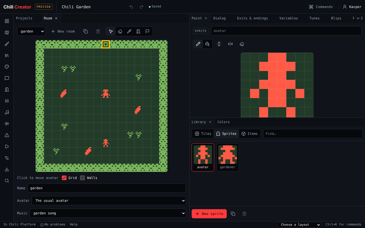 The Chili Creator with the tutorial game open: the Room tool on the left, Paint and Library on the right